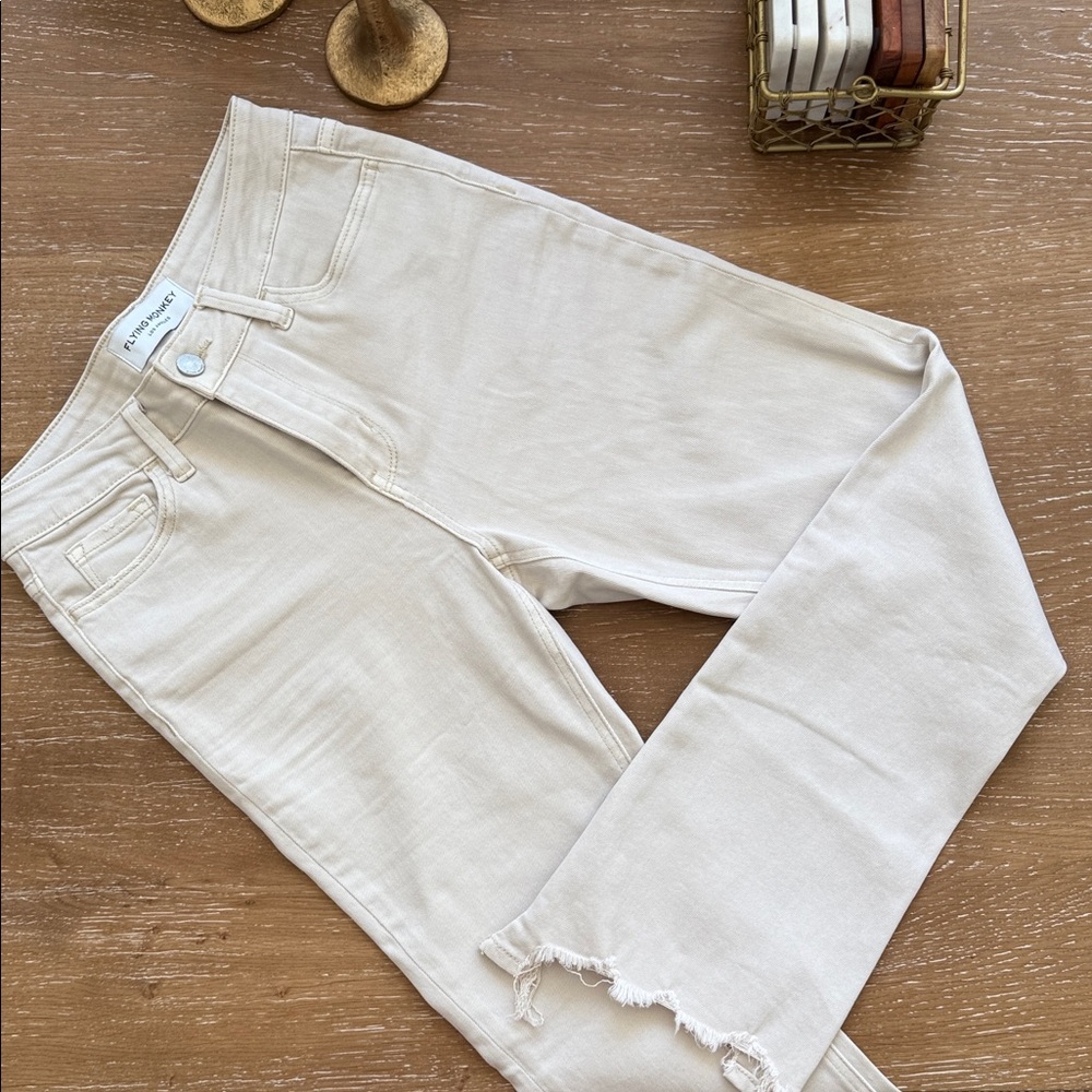 Flying Monkey High Rise Cropped Flare Stretch Jean. Tan. Size 26 - Picture 4 of 8
